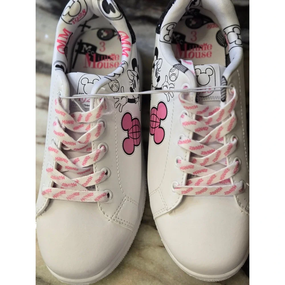 Disney Minnie Mouse Tennis Sneakers White Pink Glitter Girls Size 3 Low Top